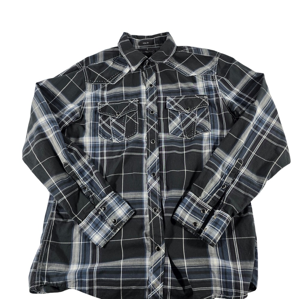 BKE Mens Slim Fit Plaid Western Pearl Snap Shirt Black Blue 11163FPW Size M